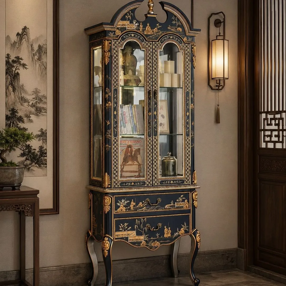High-end French style painted double-door wine cabinet American locker with glass European bookcase storage display cabinet
