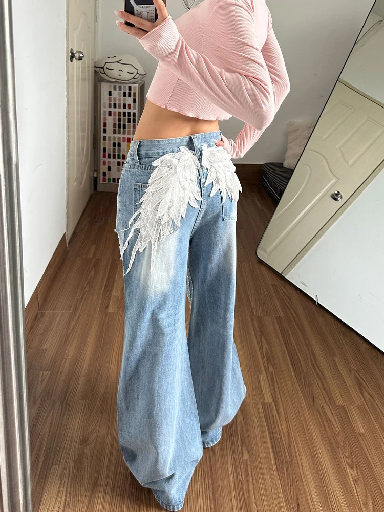 American High Street Design Sense Rhinestone Hole Denim Pants Women's Autumn Spicy Fashion Embroidery Floor-Length Trousers