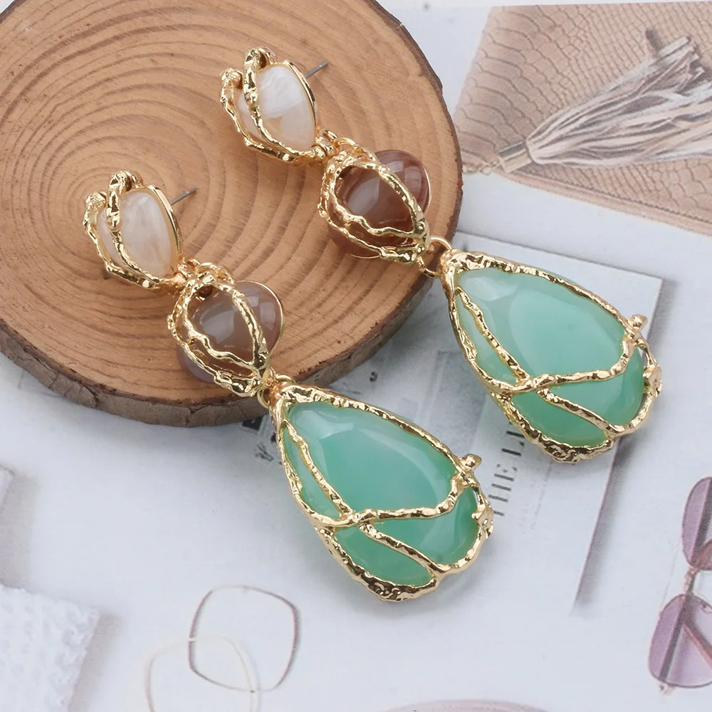 2026 New Trend Boho Green Resin Stone Dangle Earrings Women Indian Ethnic Vintage Statement Water Drop Long Earring Lady Jewelry