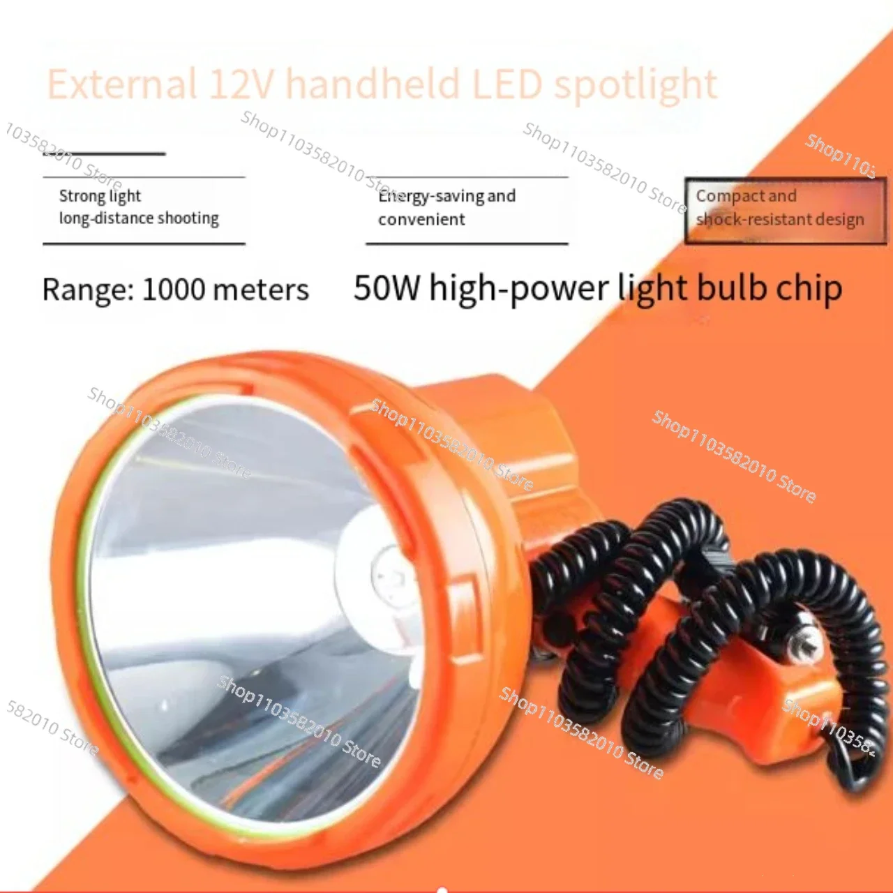 Marine handheld vehicle-mounted flashlight with strong long-range 100W outdoor work led night fishing, 12V battery searchlight