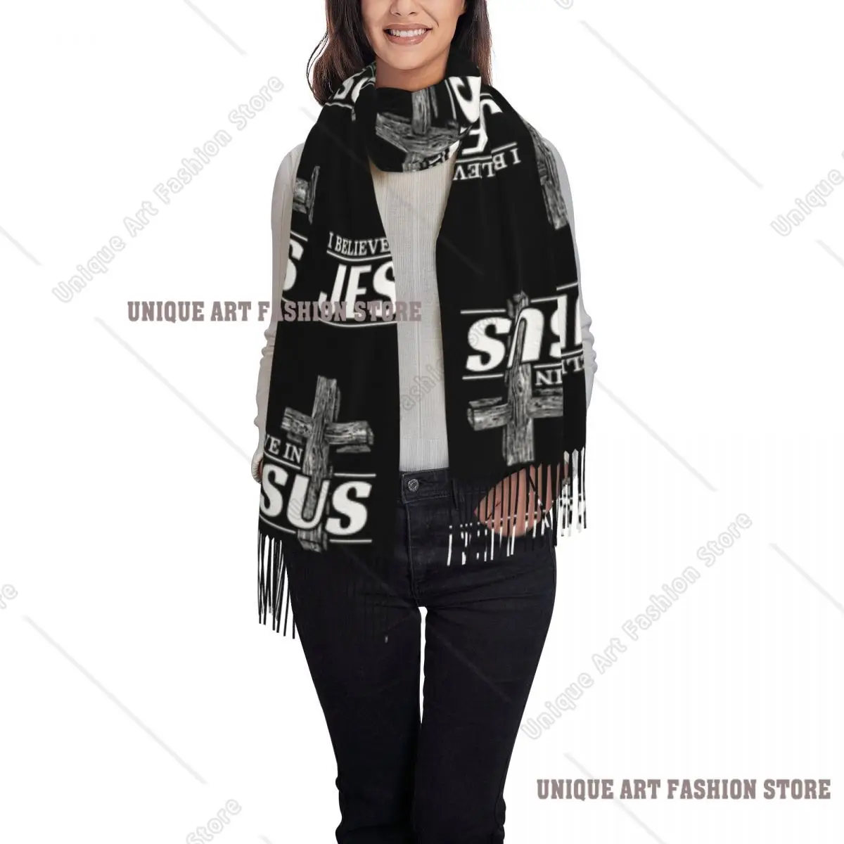 カスタムレディロング「イエス・キリストを信じる」スカーフ、女性用冬秋厚手暖かいタッセルショールラップ、キリスト教信仰スカーフ