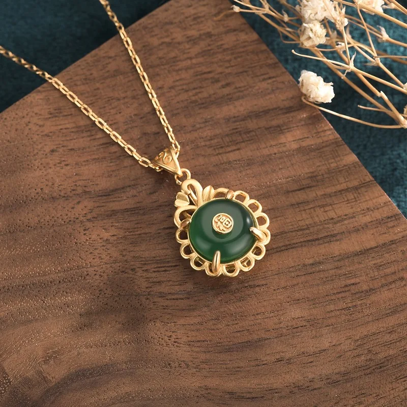 Natural Jade Donut Pendant Necklace Carved Gemstone Designer Fashion Accessories Gifts for Women Real Jewelry 18K Gold Plated