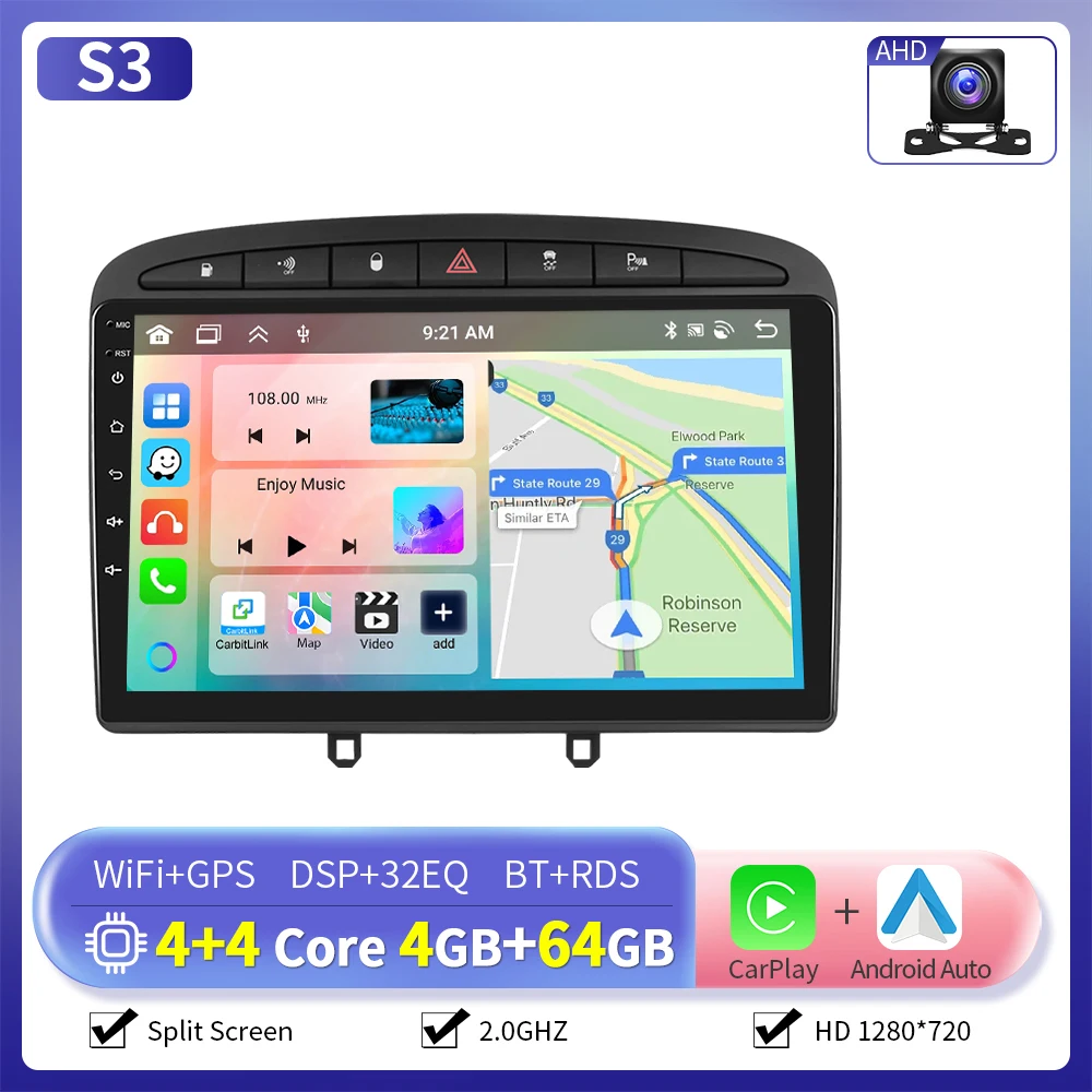 Camecho 6 + 128G Draadloze CarPlay Android Auto Radio voor Peugeot 308 408 2007 2008-2015 GPS Stereo 4G WIFI Multimedia Speler