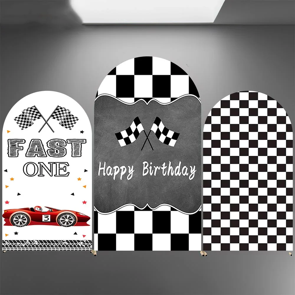Cubiertas de Fondo de Arco de 2 Caras con Diseño de Coche de Carreras Chiara, para Mesa de Pastel de Cumpleaños Infantil, Suministros Personalizados con Nombre