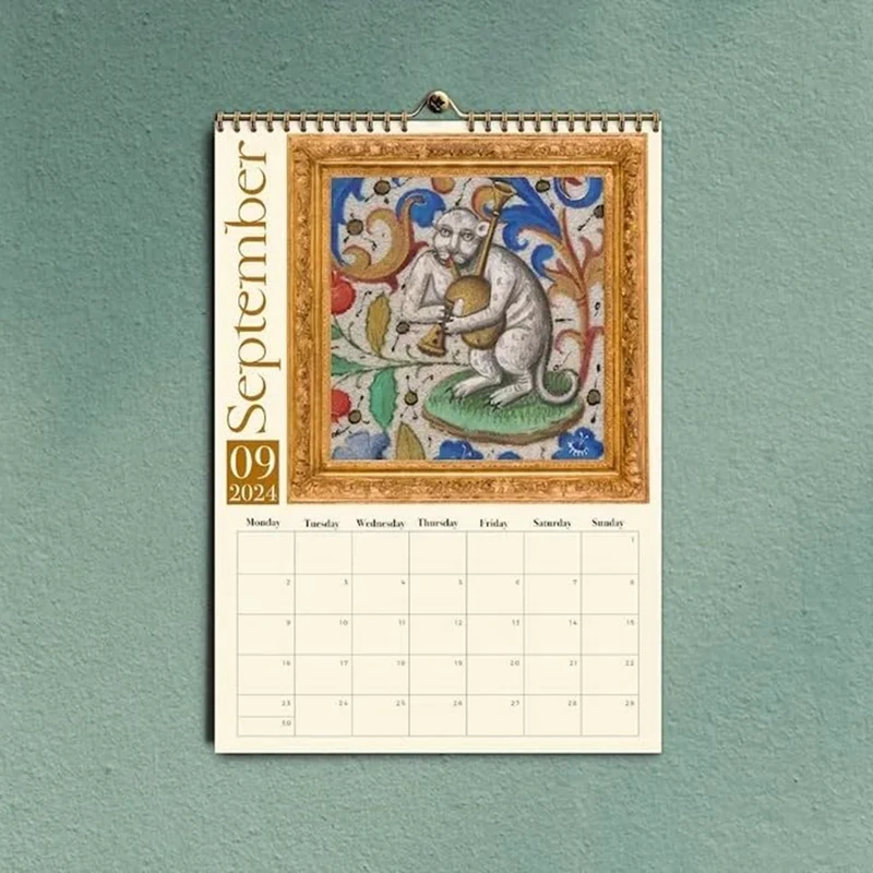 Weird-calendario de pared de gatos medievales para oficina, regalo para el hogar, papel recubierto, 2024, 12 meses