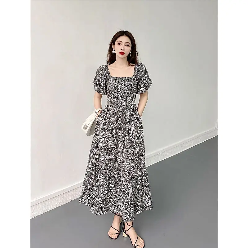 

French Temperament Square Collar Floral Dress for Women 2025 Summer New Niche Waist-hugging Long Skirt