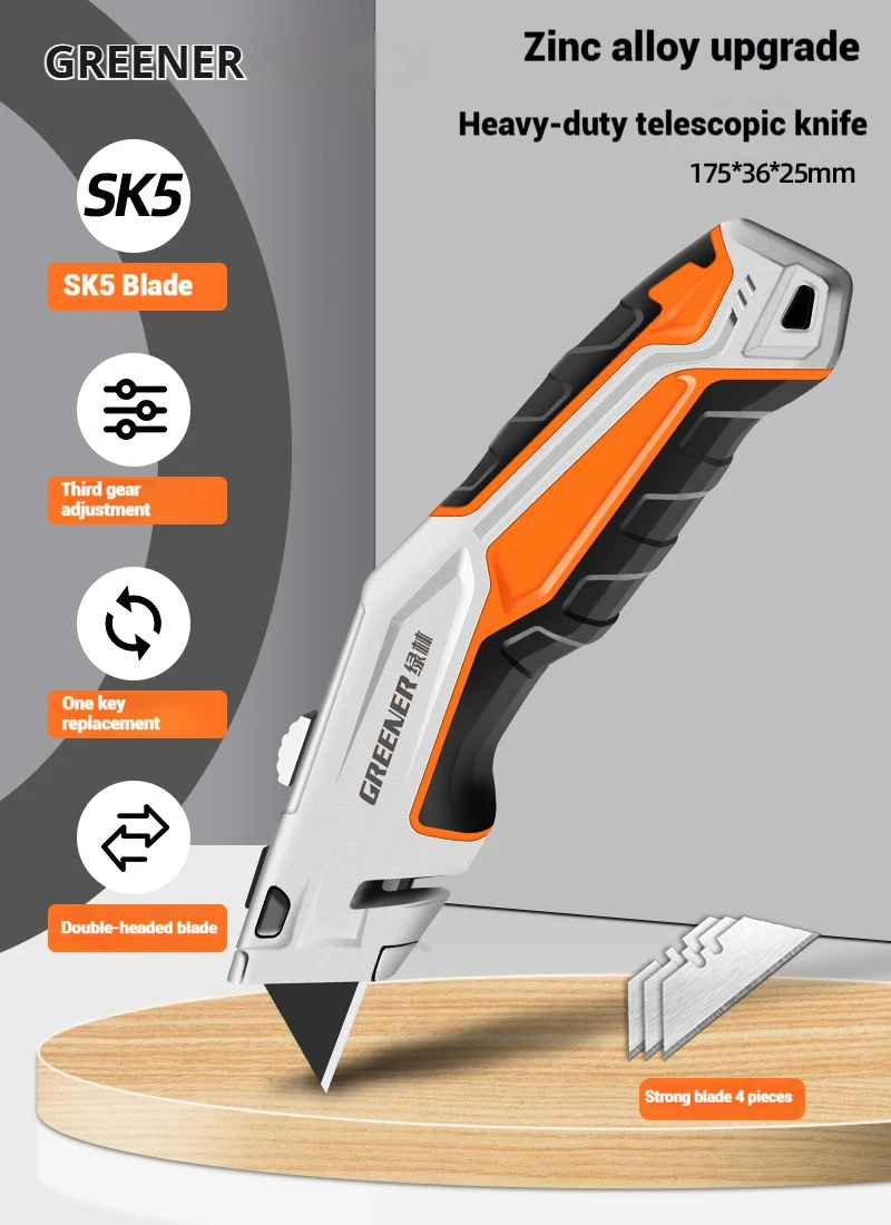 GREENER Heavy Duty Retractable Utility Knife Multifunctional Zinc Alloy SK5 Sharp Blades Cutting Smooth For Home,School,Industry
