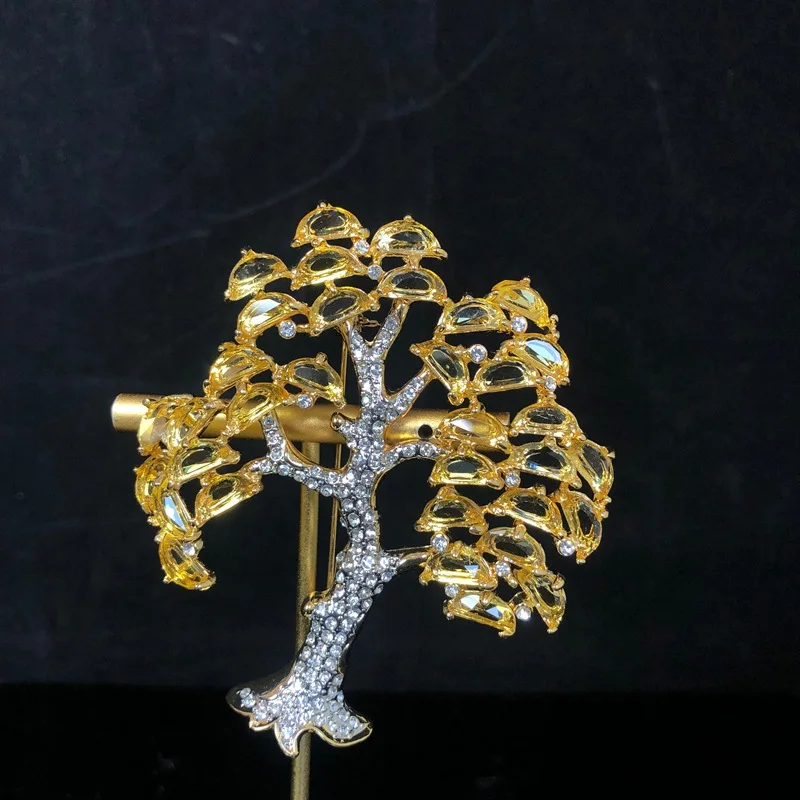 Copper Gold Plated Tree Brooch Pave Yellow Clear Cubic Zirconia Elegant Life Tree Decorative Lapel Pin For Clothing