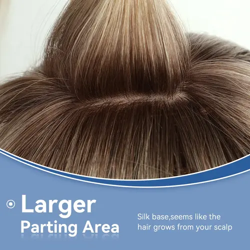 Imagen 2 del producto Adornos de cabello humano Remy liso Rubio degradado con flequillo, peluquín, pieza de cabello, Base de seda, Clip en Topper, cabello superior para mujeres contra la caída del cabello