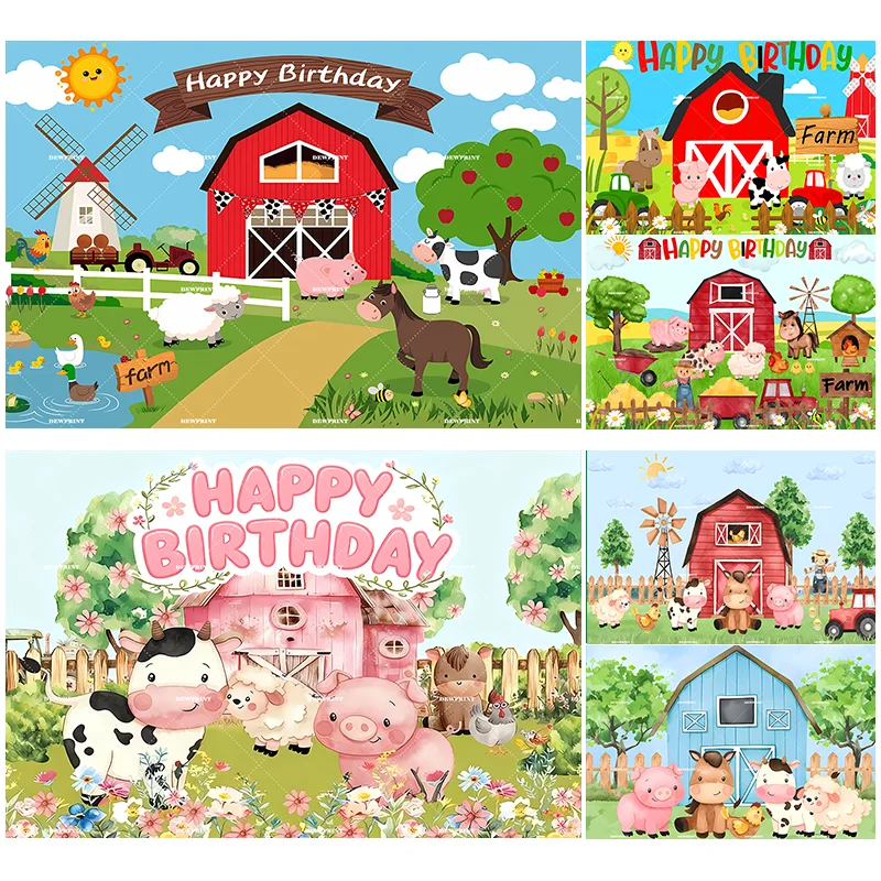 

Dewprint Farm Birthday Backdrop Cartoon Animal Newborn Theme with Red House Cute Pig and Cow Background Wall Decorations