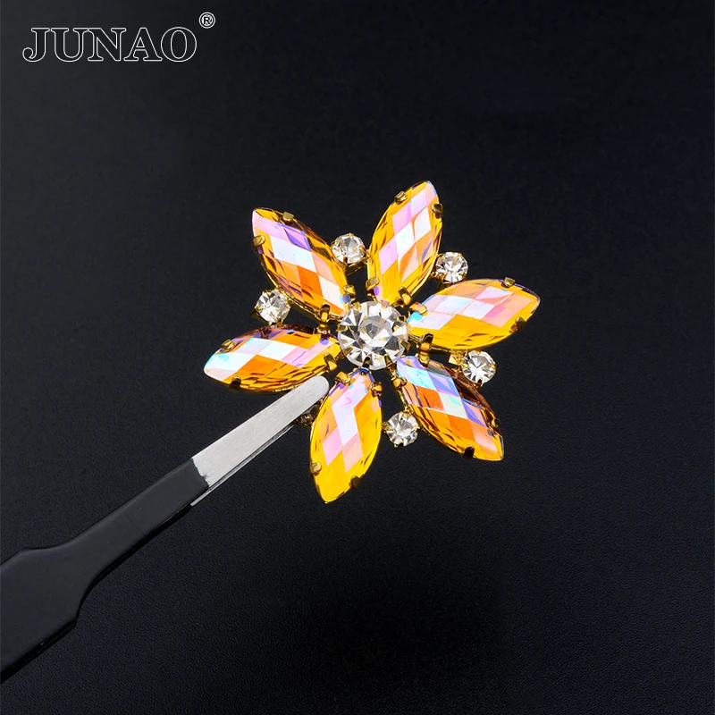 JUNAO 1pc 36mm Sew On Pink AB Glass Flower Rhinestones Gold Claw Crystal Applique Flatback Strass Sewing Stones for Dress Crafts