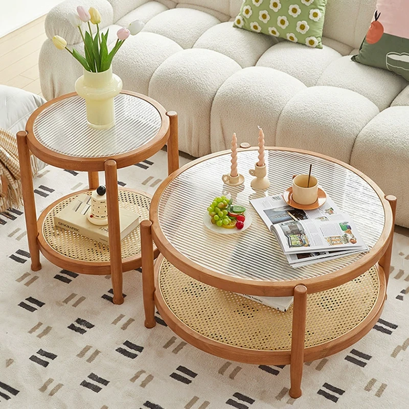 Mesa de café tecida Rattan de madeira maciça, Mesa lateral da sala de estar, Mesa de vidro redonda japonesa