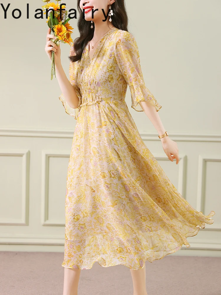 YOLANFAIRY High-end 100% vera seta di gelso vestito da donna 2025 estate francese elegante abito floreale con scollo a V abiti lunghi da vacanza