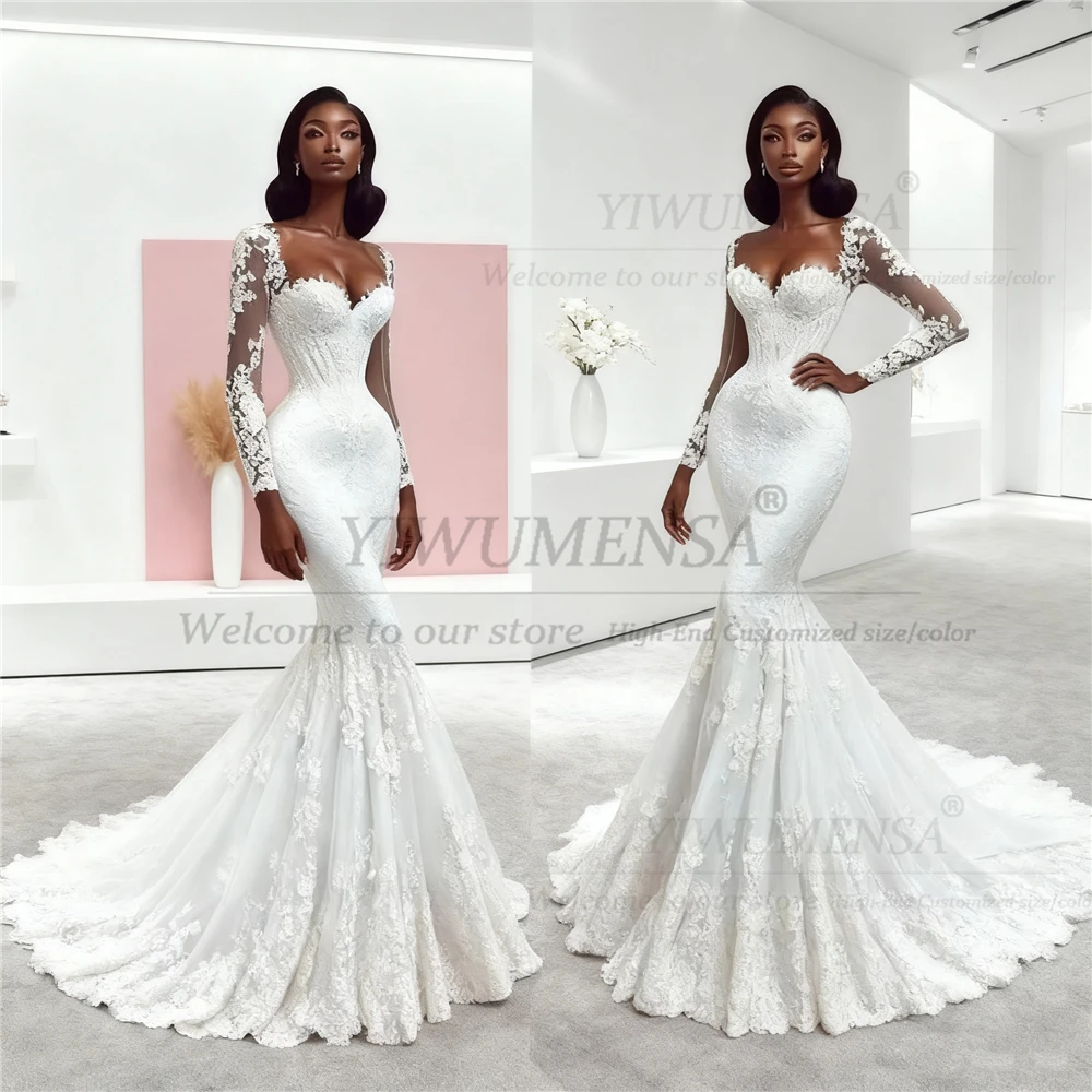 Elegante preto meninas sereia vestidos de casamento personalizado mangas compridas rendas apliques vestido de noiva trem varredura roupas de noiva africano