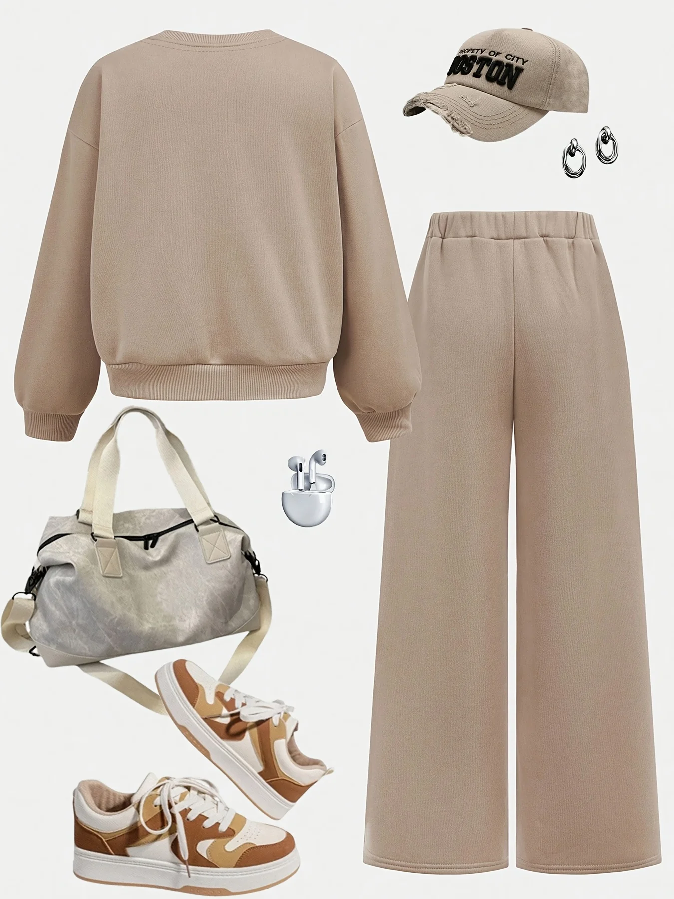 Girls' Casual Letter-Print Outfit: Tween Casual / Back-to-School Style – Khaki Letter-Print Sweatshirt & High-Waisted Wide-Leg P