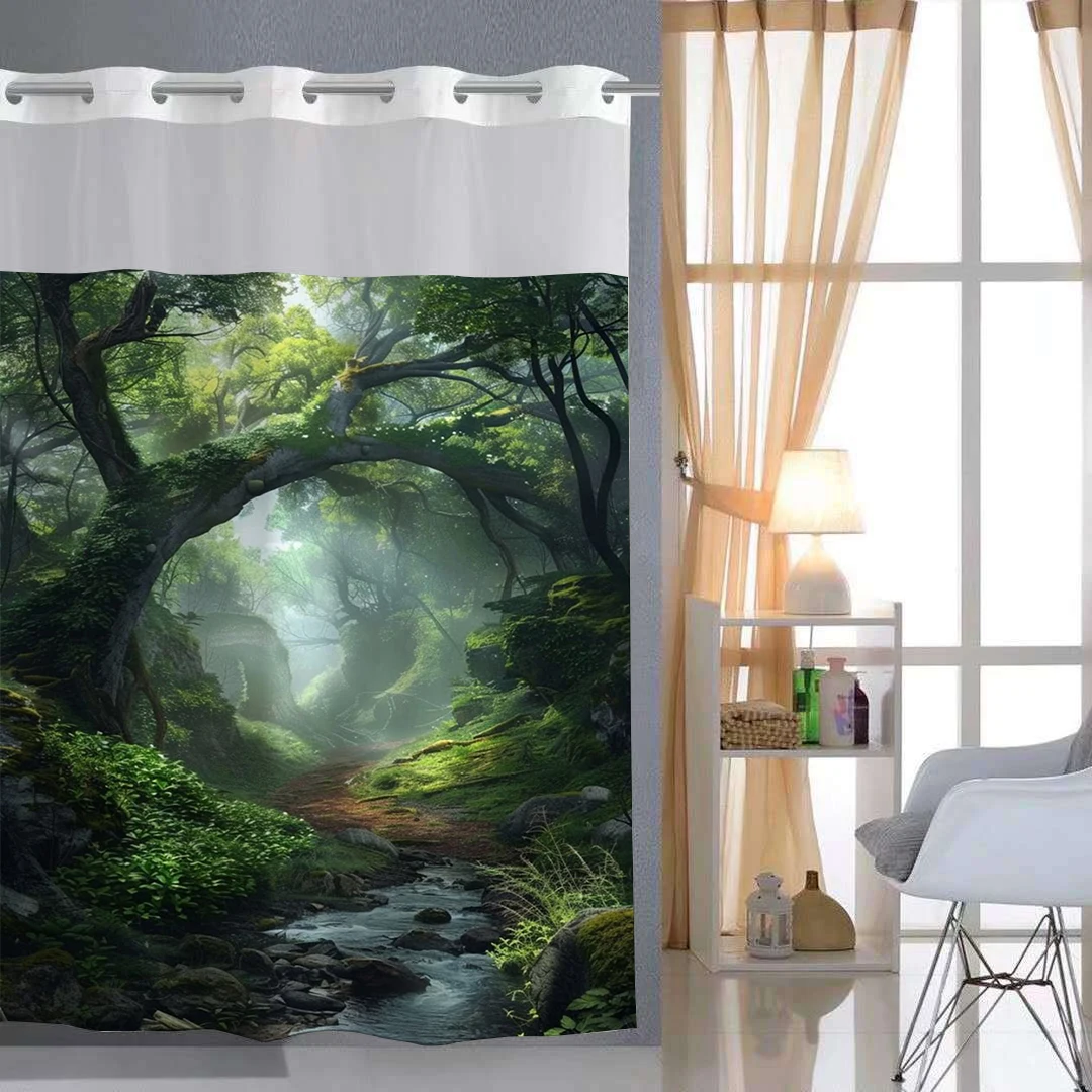 

No hook forest shower curtain with snap in fabric lining, transparent top window, and waterproof double-layer bathtub curtain