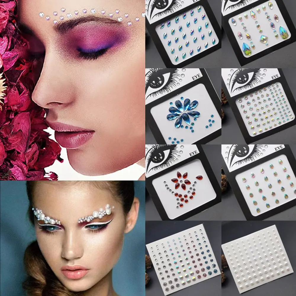 Face Decal 3D Pearls Party Nail Art Charms Festival Makeup Decoration Temporary Tattoo Sticker Face Body Colored Rhinestone