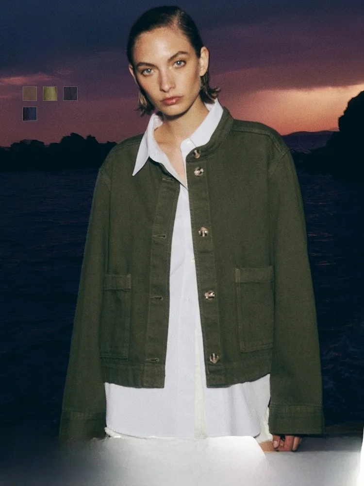 

Женская зимняя куртка H&M с воротником-стойкой и пуговицами, модель 282397, простой фасон, хлопковый материал