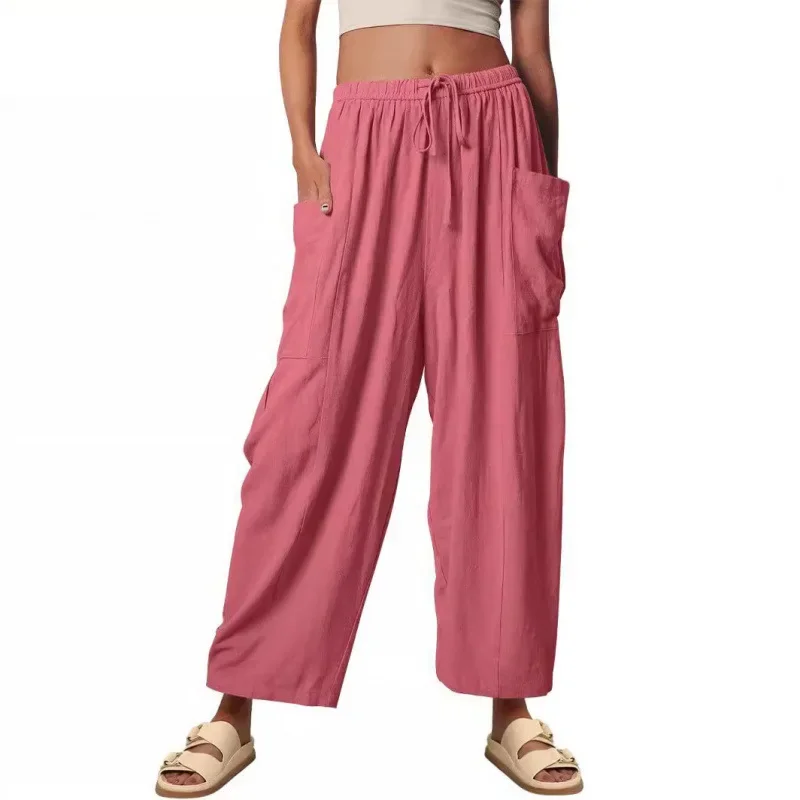 2024 Spring Summer European American Women's Elastic Waist Pleated Midwaist Straight-Leg Pants Loose Fit Casual Cotton Linen Cro