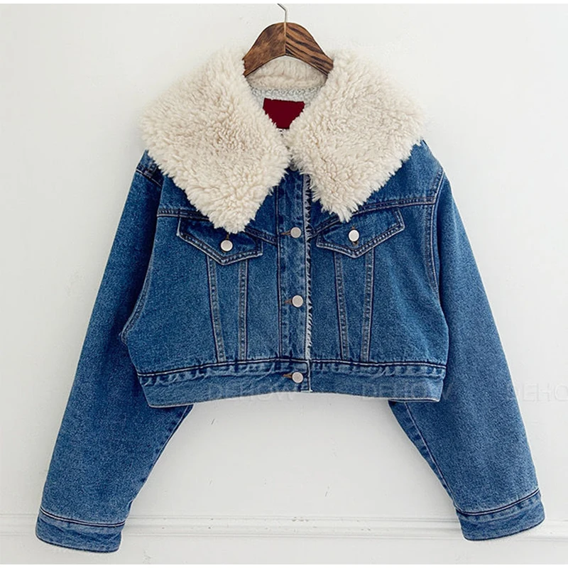 Women's Lambswool Lapel Denim Fleece Jacket Korean Style Cute Winter Quilted Coat For Ladies Fashion Short Cotton Coat Females