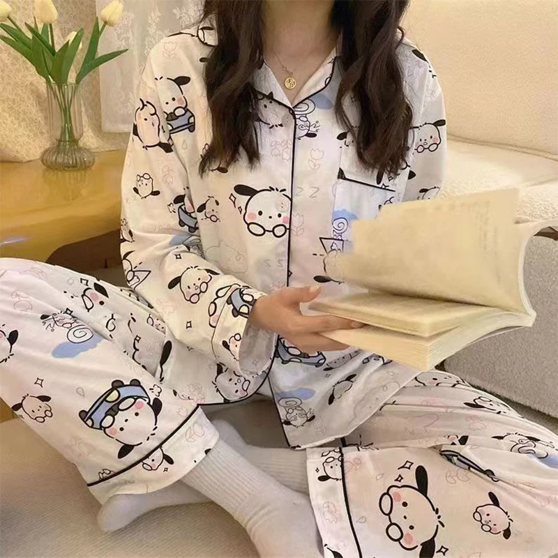 Kuromi-Conjunto de pijama de dibujos animados de Anime Sanrio, ropa de casa Kawaii, Cinnamoroll, Pochacco, corazón femenino, manga larga, estampado acogedor, regalo para estudiantes