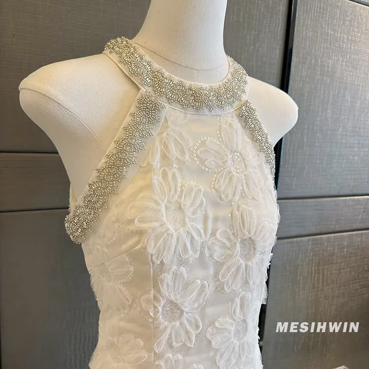 Sukienka damska letnia z koralikowym dekoltem, trójwymiarowym kwiatem, elegancka, podkreślająca figurę, styl cheongsam.