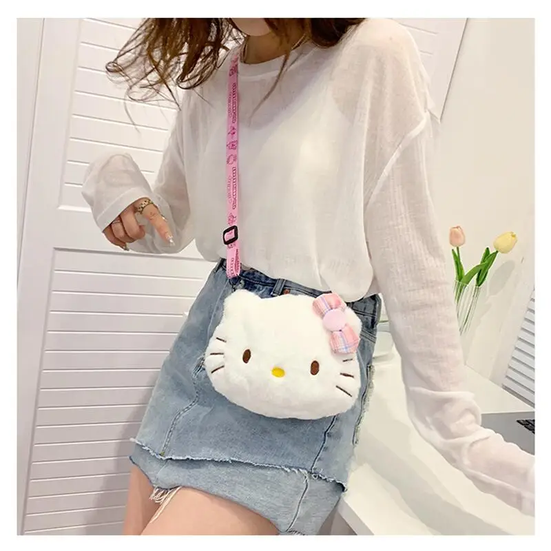 Sanrio Hello Kitty Shoulder Bags Cute Cartoon KT Cat Plush Messenger Bag Bluetooth Earphones for Mobile Phones Purses Child Gift