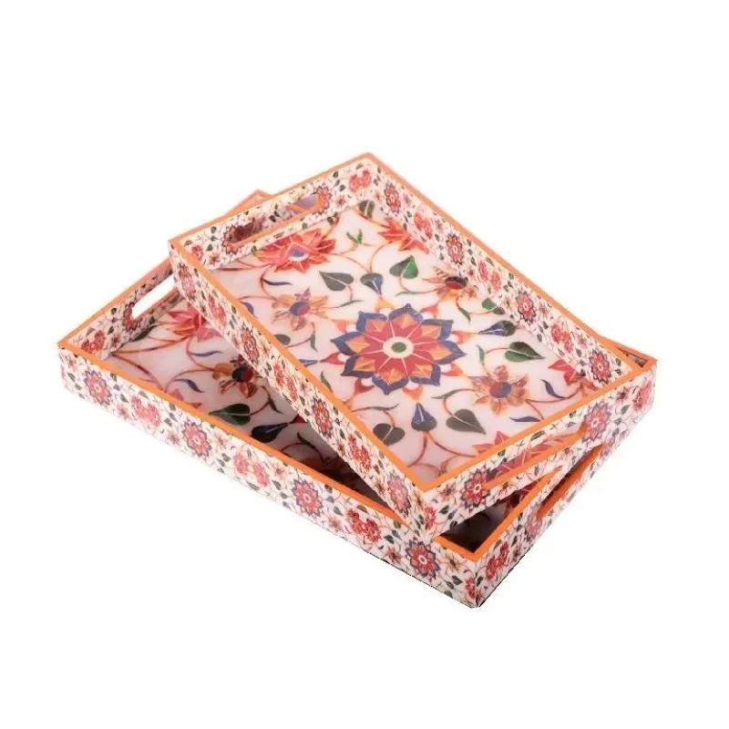 

Hand-made wooden printed trays with handles provided for easy serving of food and beverages