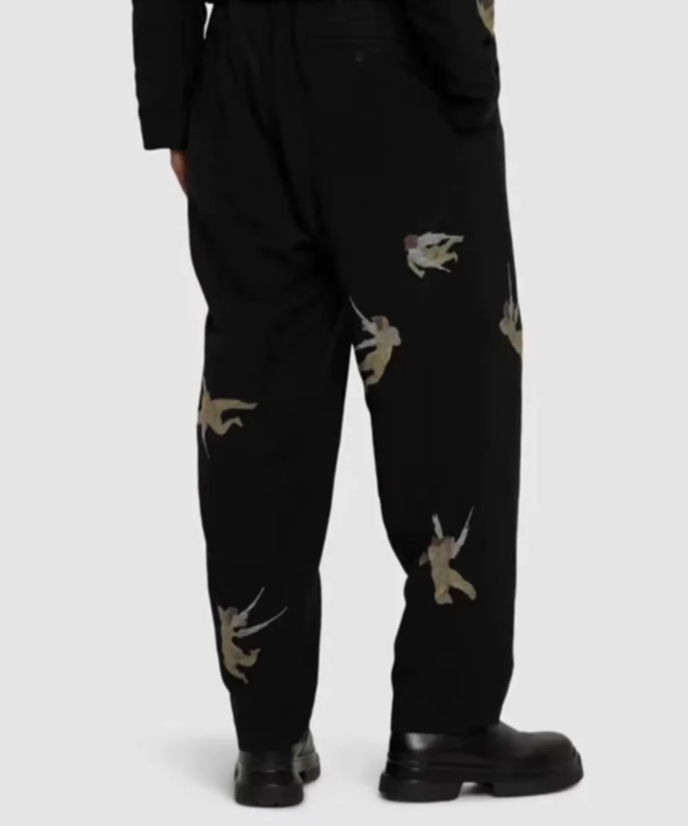 High Street Pants Men's Japanese Angel Pattern Printed Design Stylish Linen Blended Loose Streetwear Pants Men Clothing