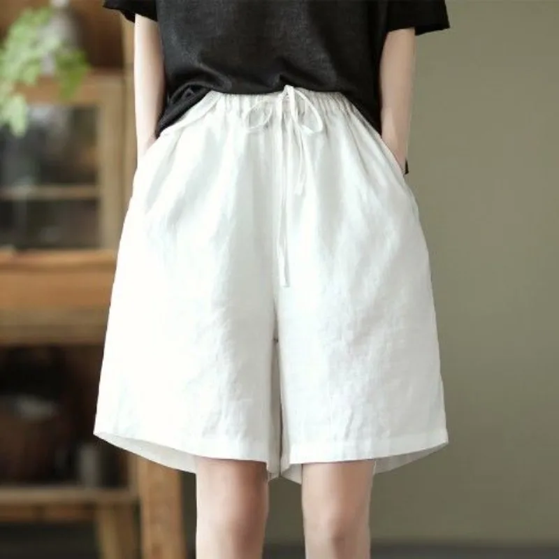 2024 Minimalist Fashion Solid Color Pocket Elastic Lace Up Women's Summer Cotton Hemp Elegance Casual Loose Straight Leg Shorts