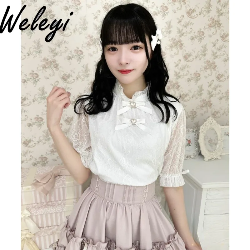 

Kawaii Blouse Japanese Fashion Top Bow Lace Splicing Mine Series Mass Production Versatile Summer Short Sleeved Koszule I Bluzki