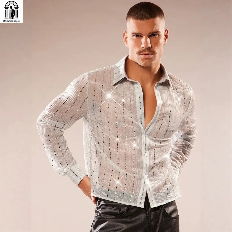 Men Glitter Sheer Mesh Long Sleeve Shirts, Striped See Through Lapel Up Blouse, Nightclub Party Stage Performance Casual Top
