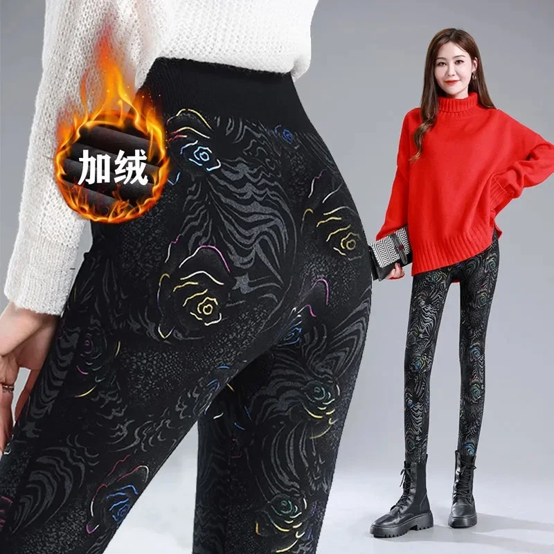 

Autumn Winter Women Printed Leggings Velvet Lined Ankle-Length Warm Plush Mom Tight Pants Female High Waist Casual Pencil Pants