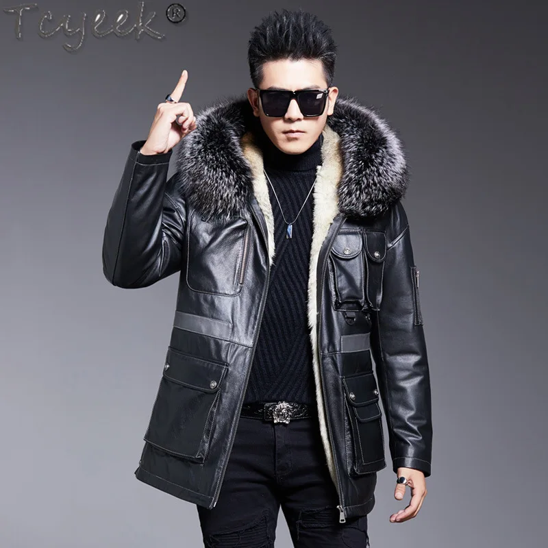 Tcyeek Real Wolf Fur Coat Men Clothes Winter Jacket Mid-long Parka Top Layer Cowhide Genuine Leather Man Jackets Fox Fur Collar