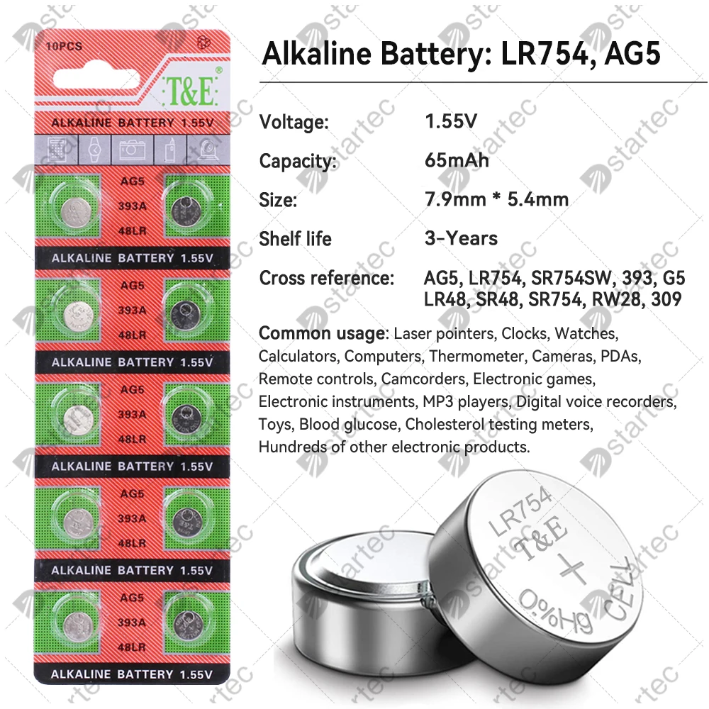 DStartec 200PCS SR754SW 393 309 L754 LR48 G5A 393A LR754 AG5 1.55V Alkaline Button Coin Cell Watch Battery; 100% Safe No Mercury