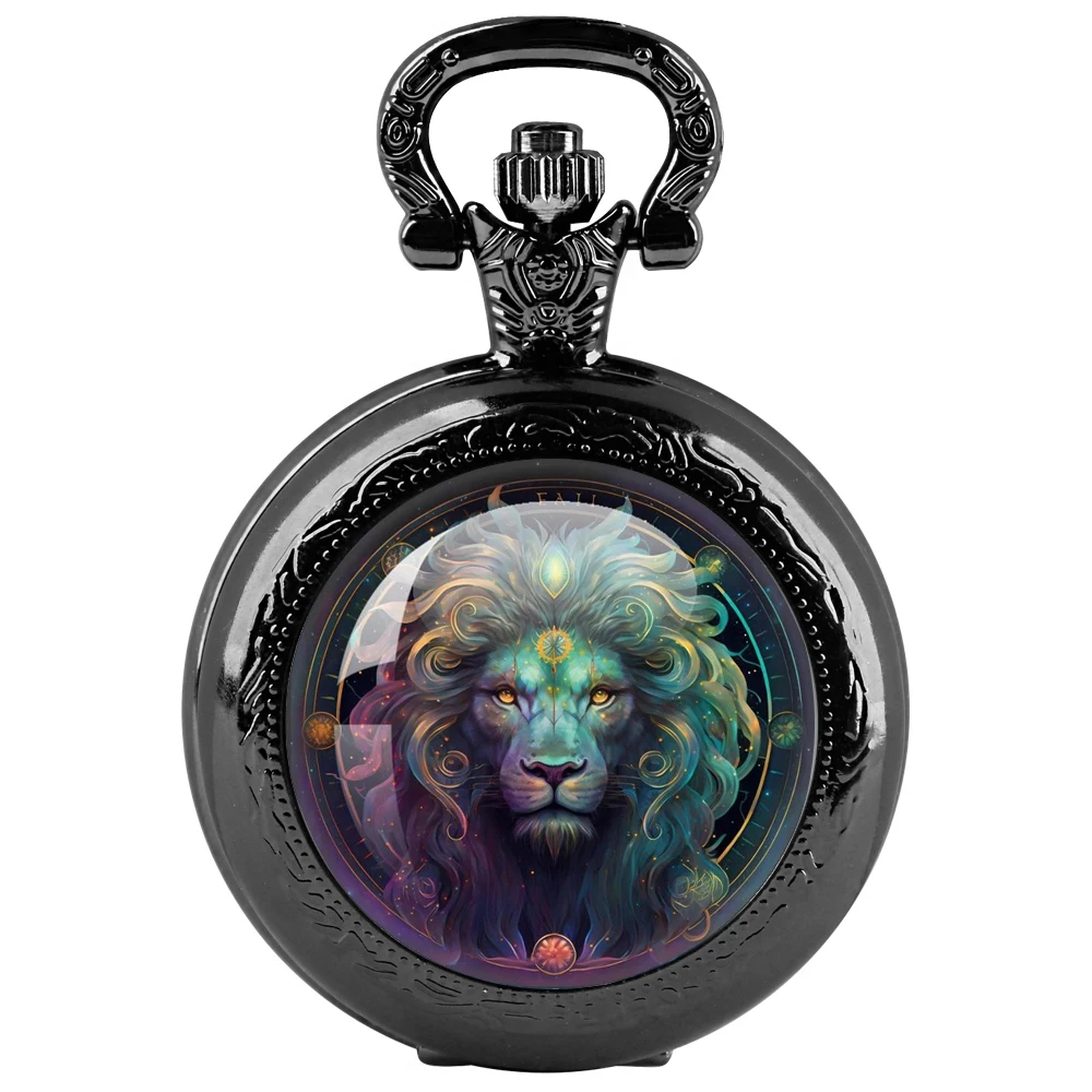 Vintage lion quartz pocket watch, cool black necklace pocket watch, unique pendant clock gift