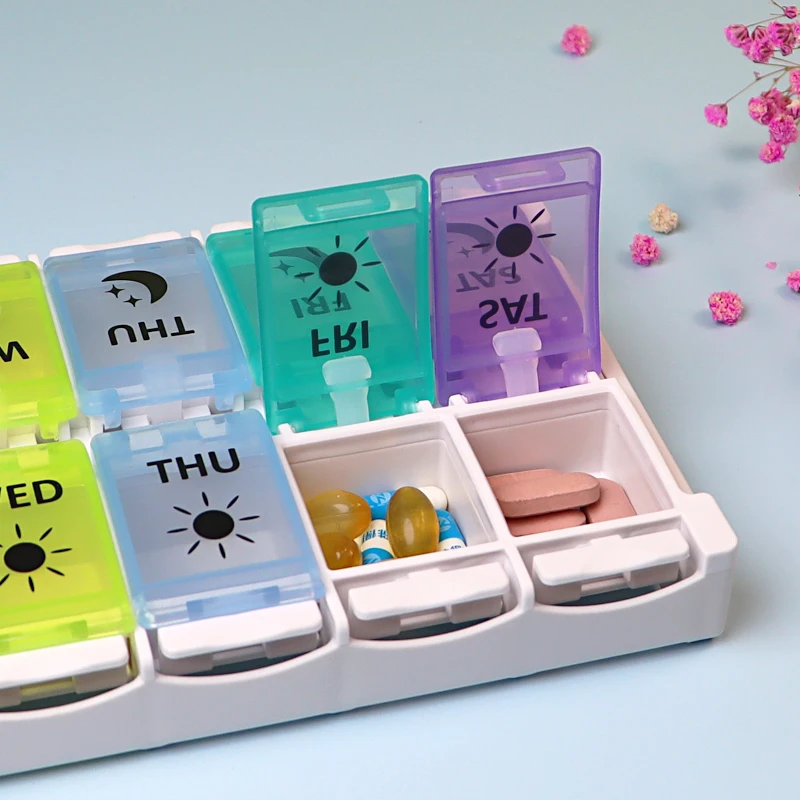 Pill Storage box AM/PM Large Capacity Weekly Pill Box Rainbow Pill Case for Daily Fish Oil/Vitamin/Supplement with Easy Button