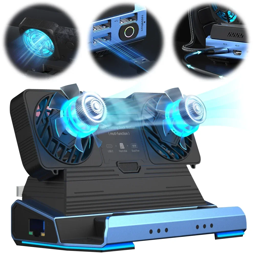 Dual Cooling Fan Docking Station for Steam Deck OLED ROG X Legion Go 4K@60Hz Output PD100W Charging Gigabit Ethernet Multi-Port
