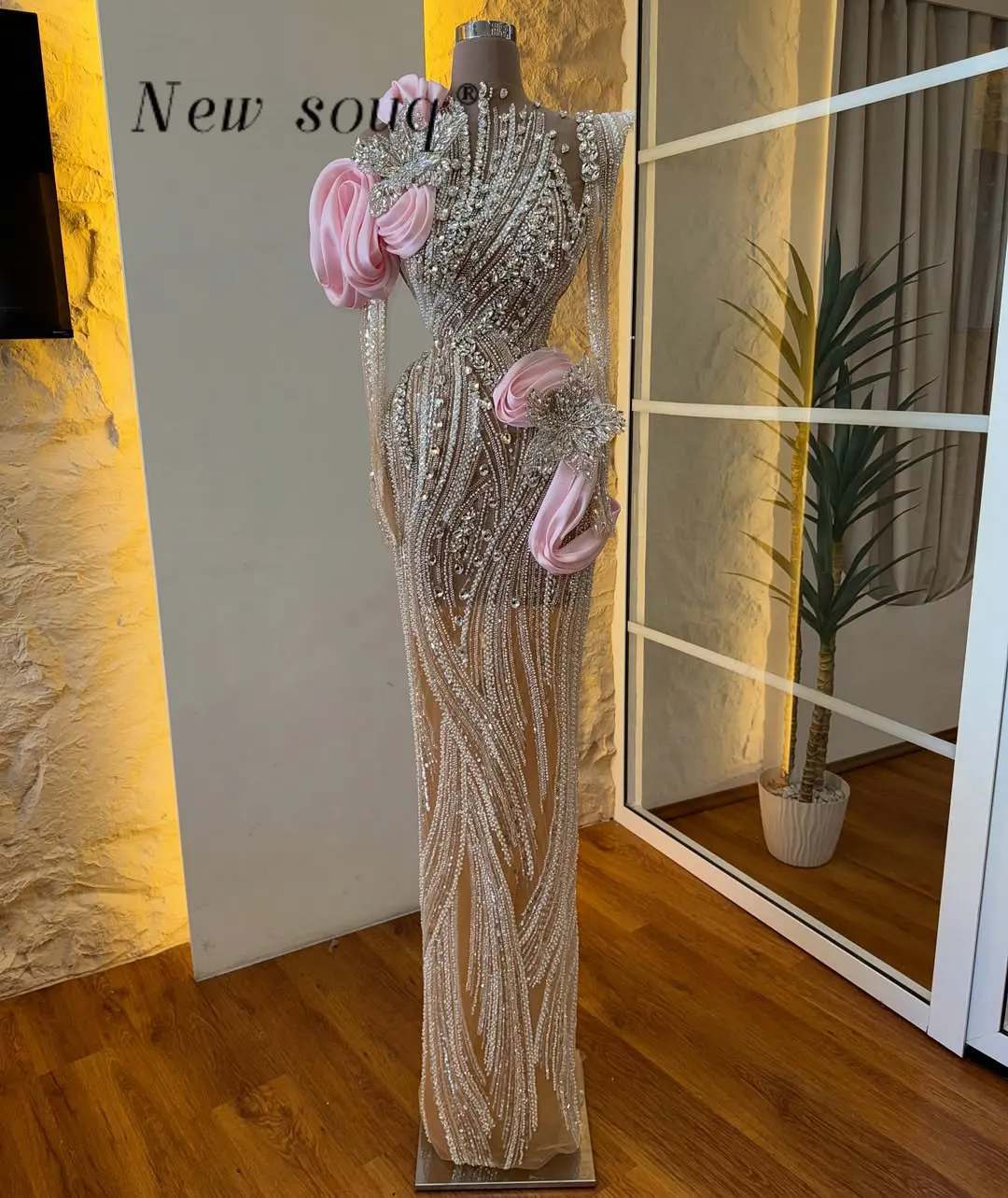 

Розовые вечерние платья с длинными рукавами, украшенные блестящими кристаллами и камнями, на заказ, с эффектом иллюзии, высокая мода, для выпускного вечера и вечеринок