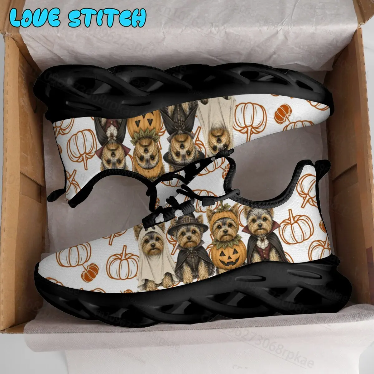 Unisex Halloween Yorkshire Terrier Print Sneaker Pumpkin Print Casual Shoes Mesh Breathable Run Shoes Fashion Holiday Footwear