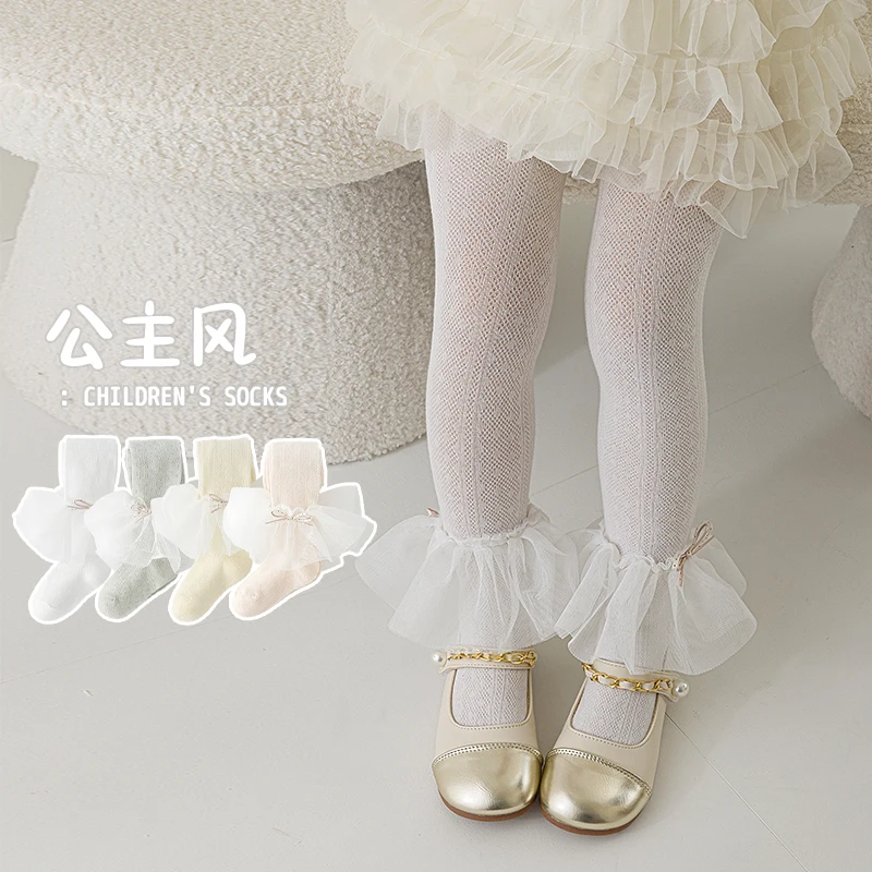 Children Polka Dot Bow Anti-Mosquito Mesh Footed Tights Large Lace Frill Trim Breathable Soft Stretchy Durable Lovely Pantyhose