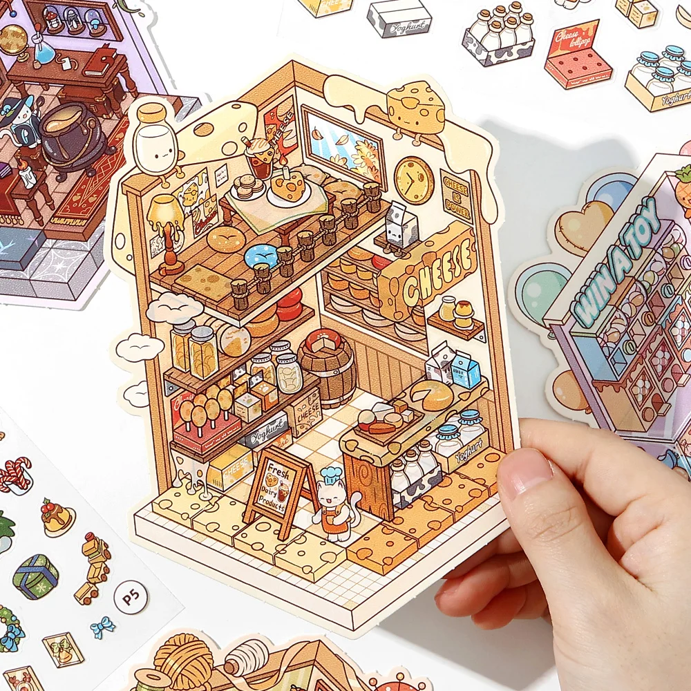 13/26 Pcs 2.8D Landscape Sticker Book Cartoon DIY Aesthetic Cabin Scene Cute Stationery Gift Hand Account Pasting Craft supplies