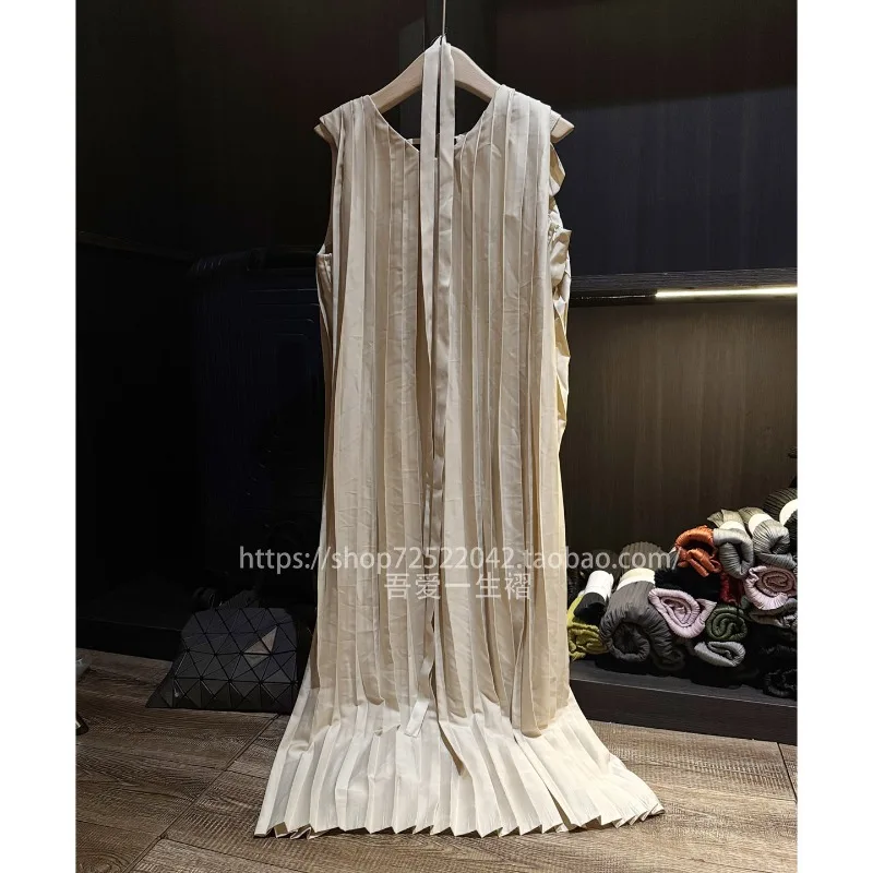 

Плиссированные платья Miyake 2025 года, чистое цветное простое платье со складками и завязками, осенняя новая тонкая свободная юбка больших размеров для поездок на работу