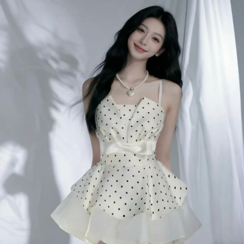 Princess Style  Knot Strapless Dress Girls Summer High Waist Short Dress Elegant Waist Cinched Luxury Feeling Gown