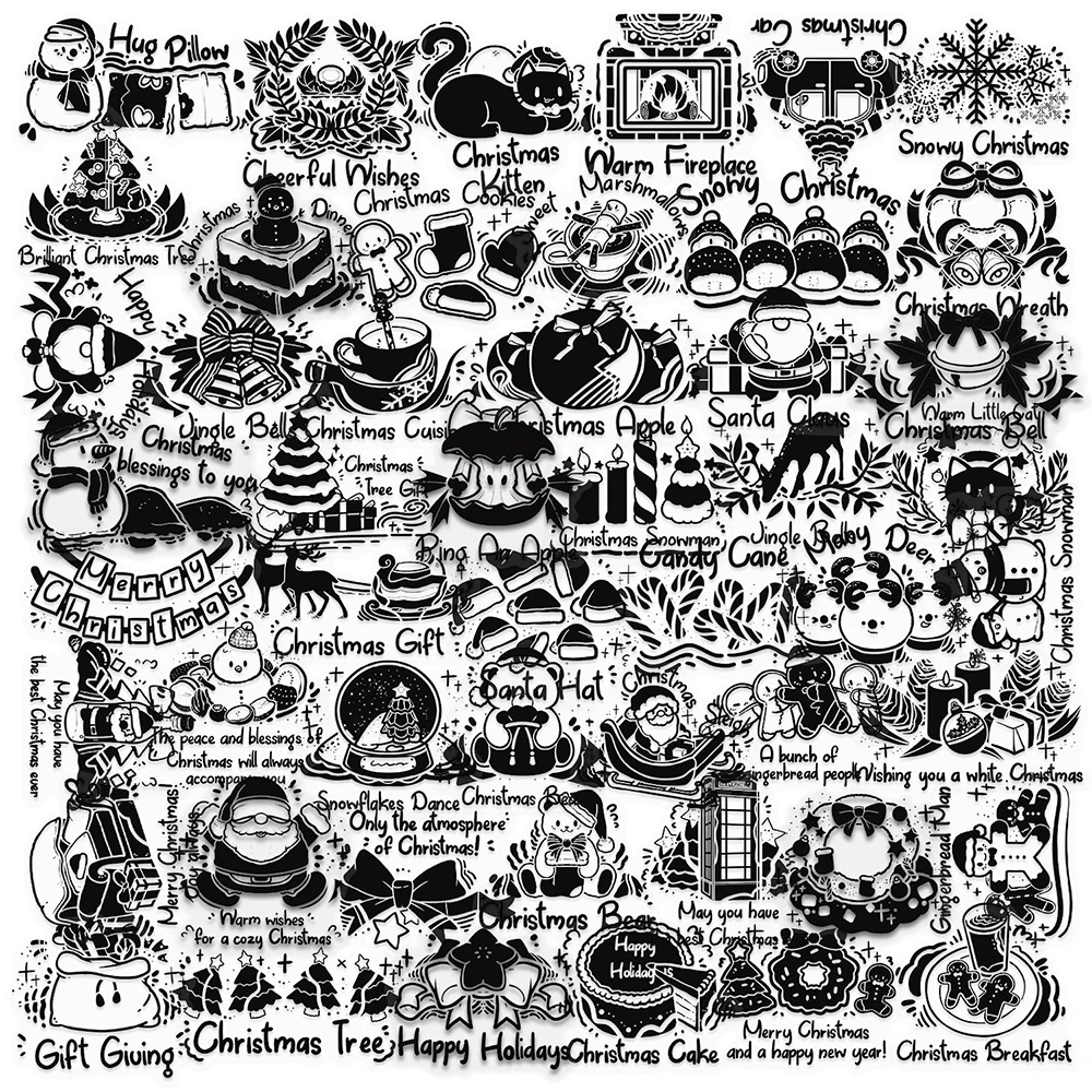 10/30/50pcs Transparent Black White Christmas Stickers Funny Cartoon Decals DIY Scrapbook Phone Notebook Sticker Decoration Toy