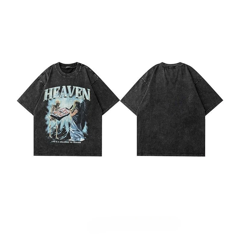 Washed T-shirts Skeleton Figure Short Sleeve Tshirt for Women and Men Oversized Loose High Street Tops Ins Niche Design T Shirt