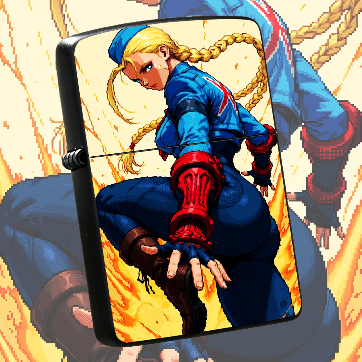 Retro Pixel Style Cammy Themed Decorative Lighter, Trendy Exquisite Print Design, Ideal For Daily Gathering Outdoor Camping Party Use, Cool Unique Collectible Accessory Nice Gift Choice For Game Anime Fans Interesting And Humorous Lighters