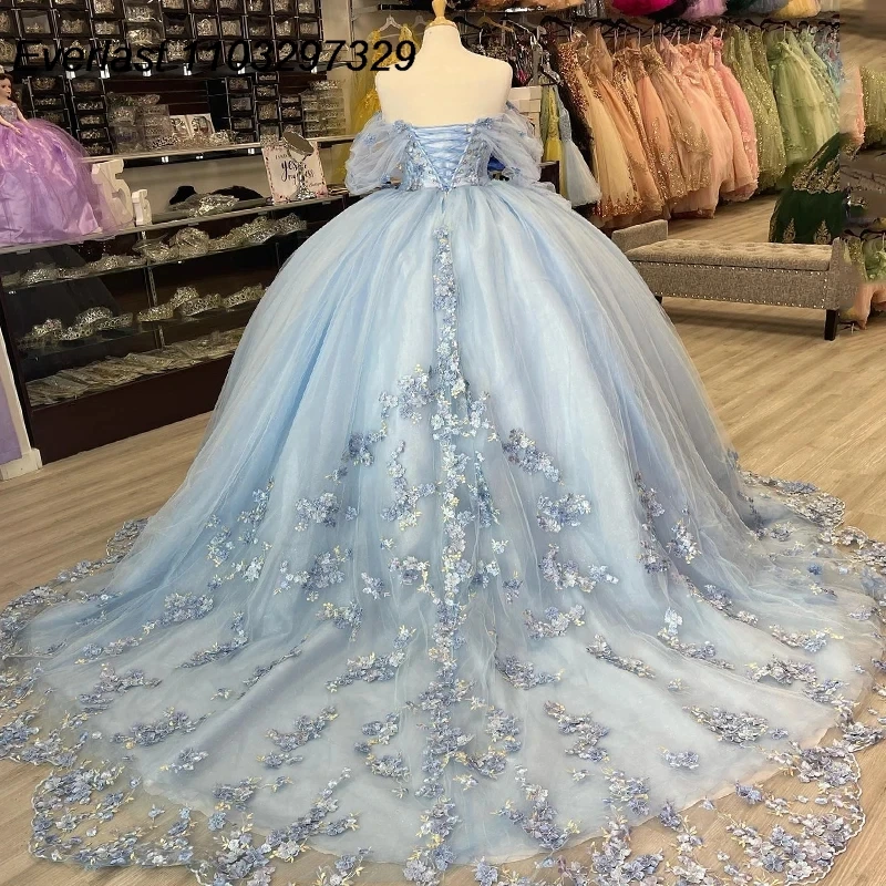 EVLAST 2024 Blue Quinceanera Dress Ball Gown 3D Floral Applique Beading Off Shoulder Corset Sweet 16 Vestido De 15 Anos TQD492