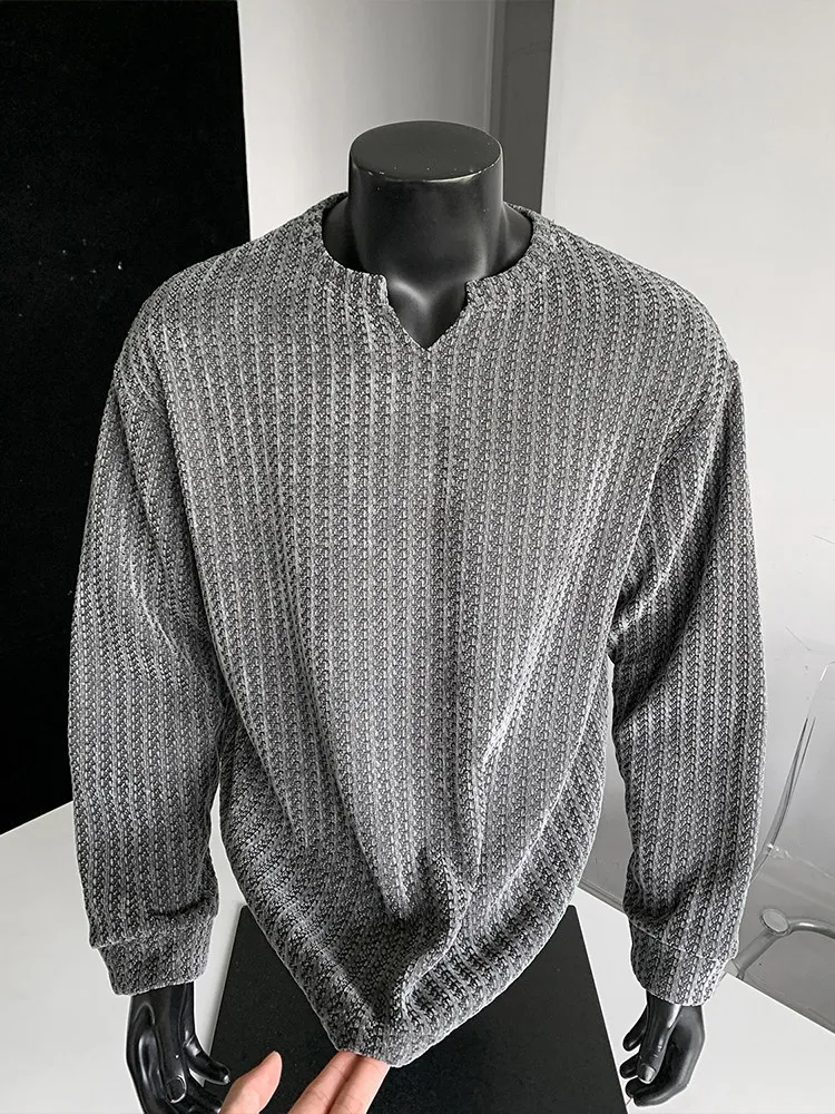 Fall Fashion Slim Fit Striped V-Neck Long Sleeve T-Shirt Men's Casual Inner Wear Base Shirt Trendy Lazy American Style Sweats...