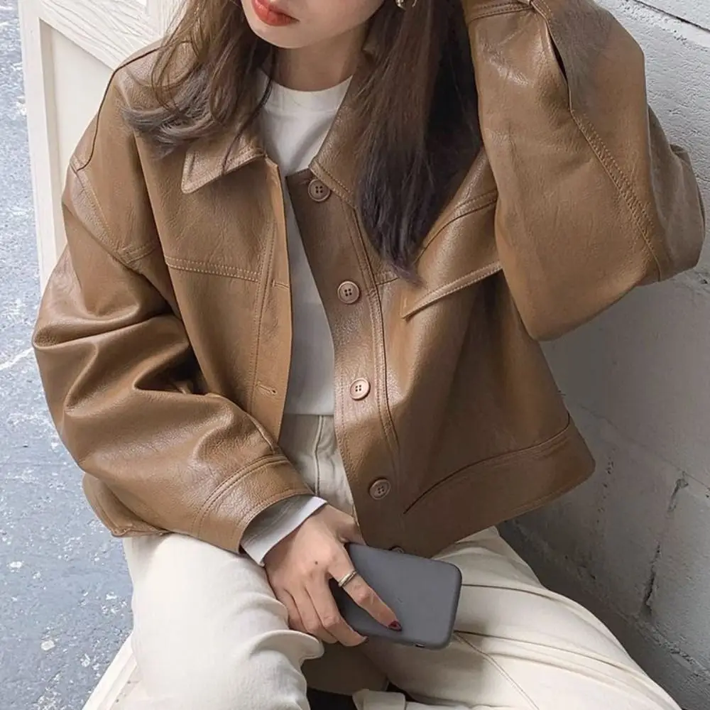 

Fashion Lapel Collar Leather Jacket Women Outerwear Korean Chic Vintage PU Coats Retro Windbreaker Jackets Women